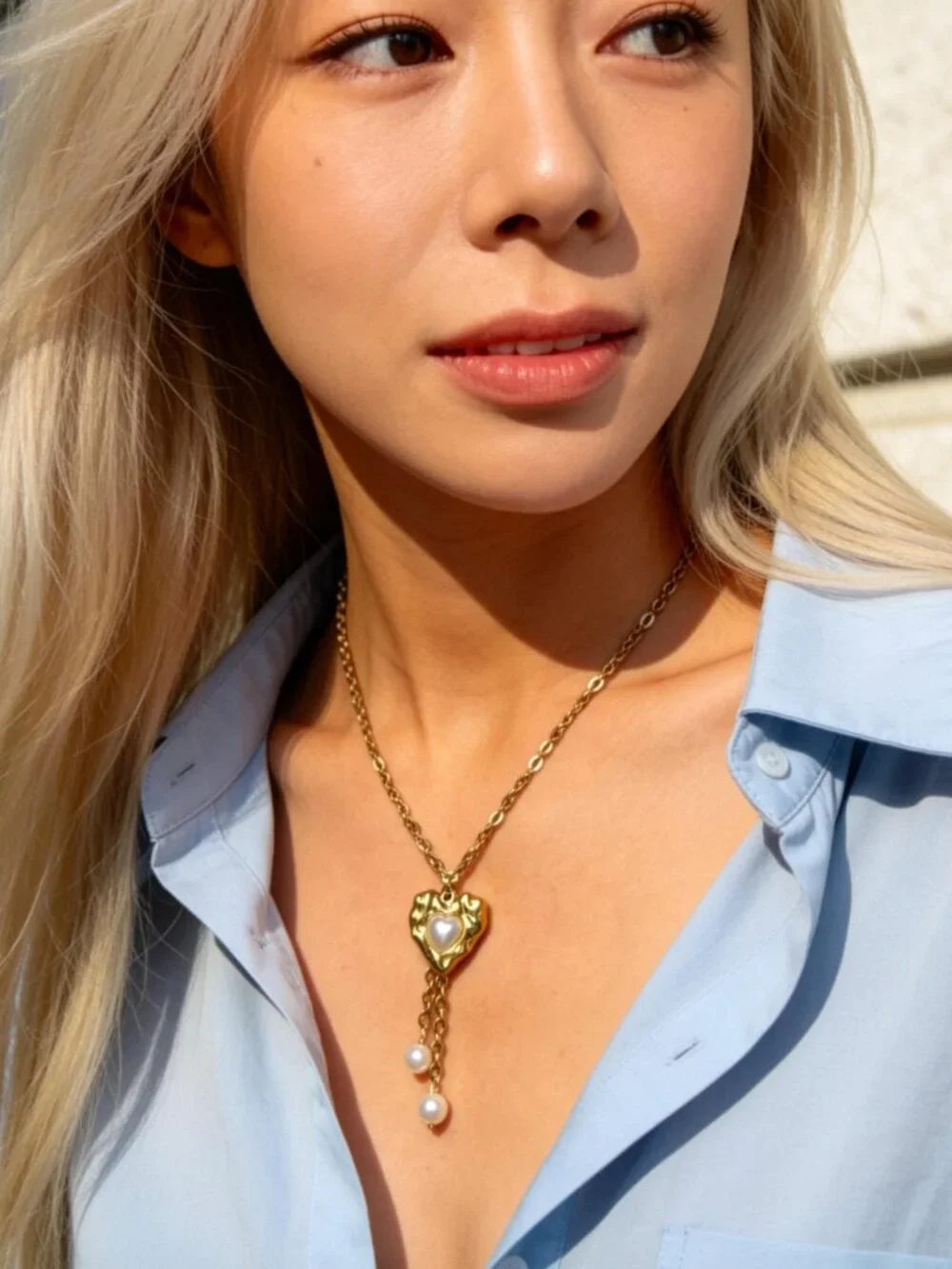 Gold Heart Pearl Drop Necklace Stainless Steel - Picture 9 of 13